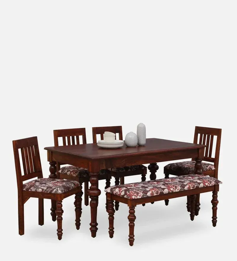 Anika Sheesham Wood 6 Seater Dining Set In Honey Oak Finish With Bench.webp