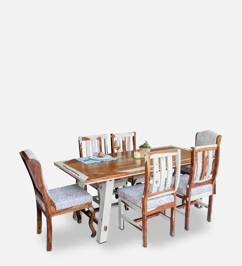 Artois Sheesham Wood 6 Seater Dining Set in Teak & Off White Finish.webp