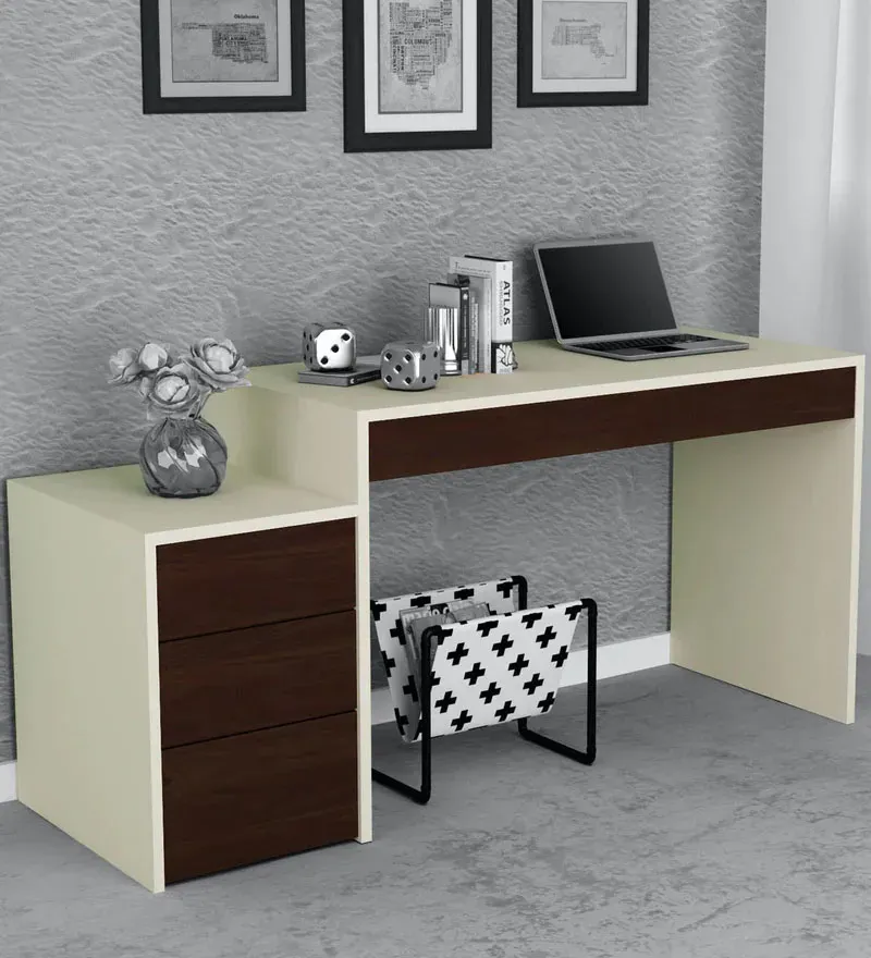 Eskada Office Table in Ivory & Walnut Finish.webp