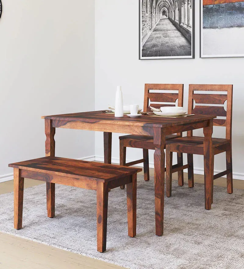 Europa Sheesham Wood 4 Seater Dining Set in Walnut Finish with Bench.webp