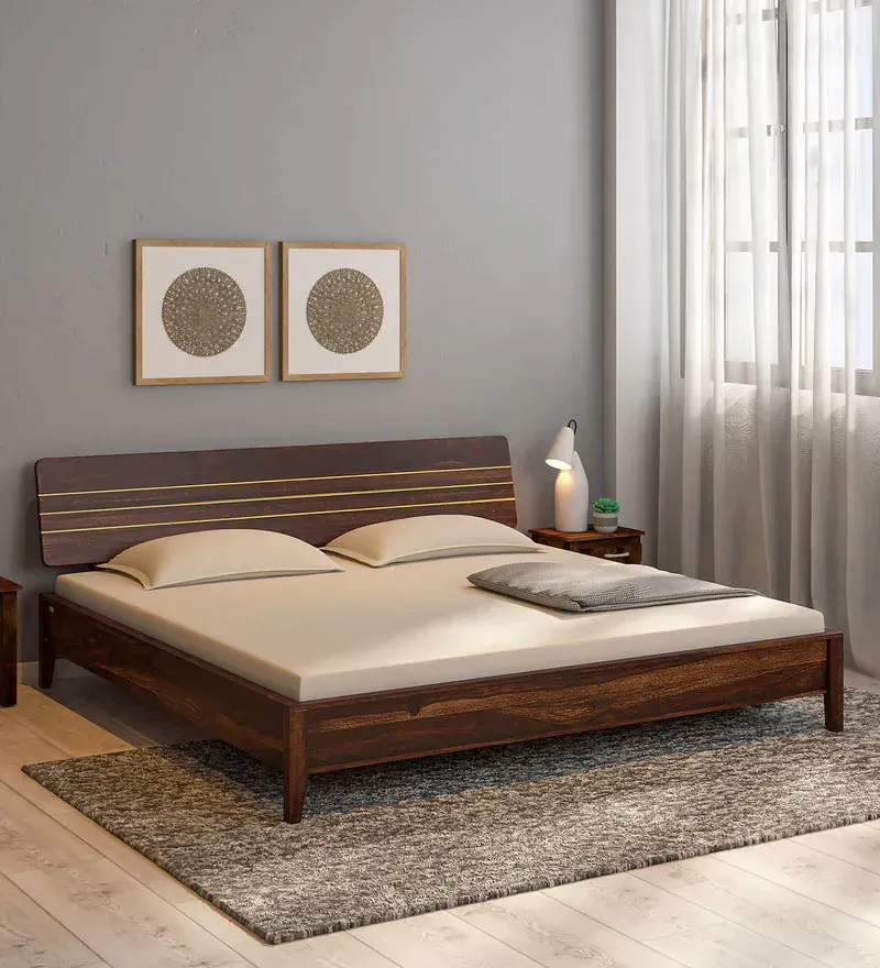 Flair Sheesham Wood King Size Bed In Provincial Teak Finish With Brass Inlay.webp