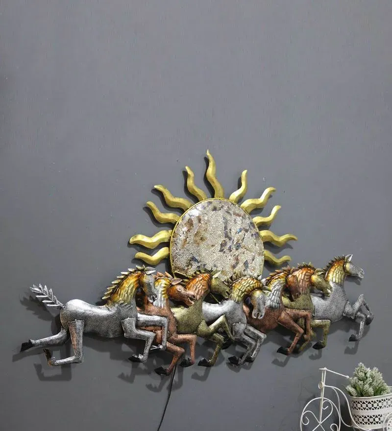 Iron 7 Running Horse Wall Art With Led In Multicolour.jpg2.webp
