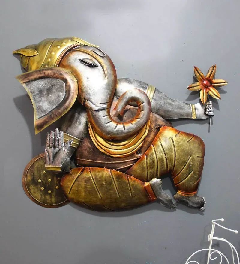 Iron Lord Ganesha Wall Art In Gold.webp