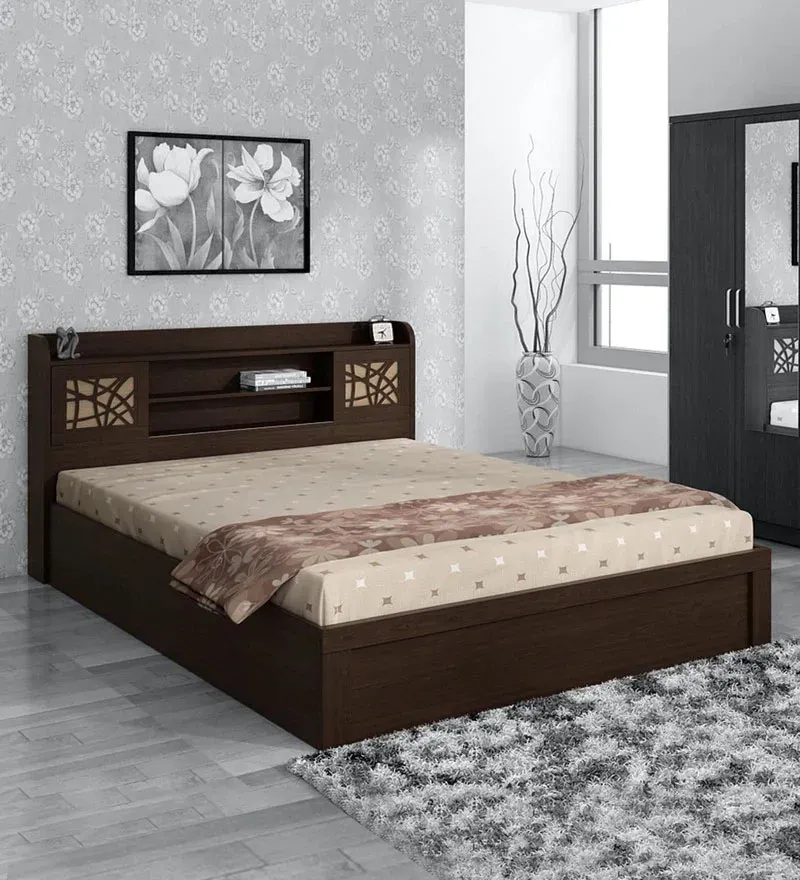 Kosmo Mayflower Queen Size Bed in Vermount Woodpore Finish with Box Storage.webp