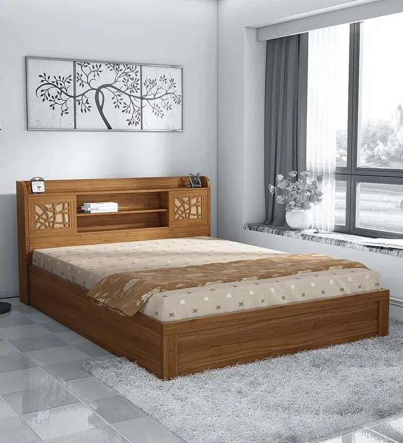 Kosmo Rayan King Size Bed in Natural Teak Finish with Hydraulic Storage.webp