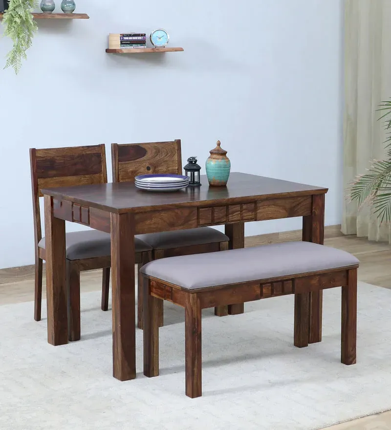 Majestica Sheesham Wood 4 Seater Dining Set In Provincial Teak Finish With Bench.webp