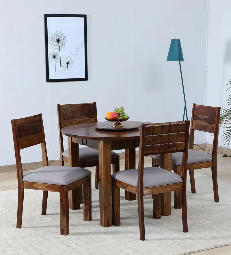Majestica Sheesham Wood Round 4 Seater Dining Set In Provincial Teak Finish.webp