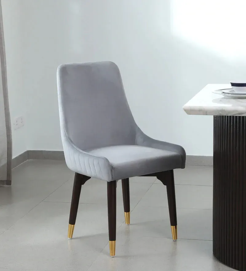 Mise Teak Wood Chair Fabric Dining Chair In Grey Finish.webp