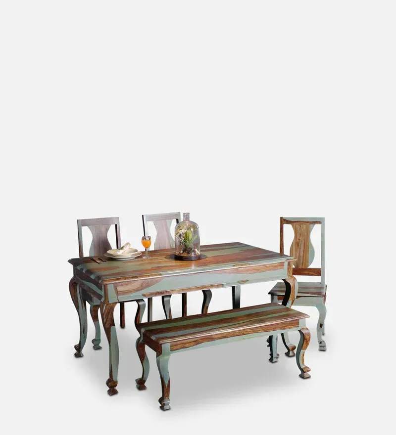 Pansy Sheesham Wood 6 Seater Dining Set in Vintage Green Finish with Bench.webp