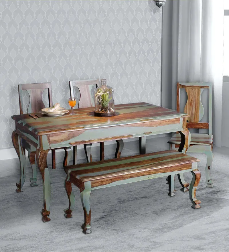 Pansy Sheesham Wood 6 Seater Dining Set in Vintage Green Finish with Bench.jpg13.webp