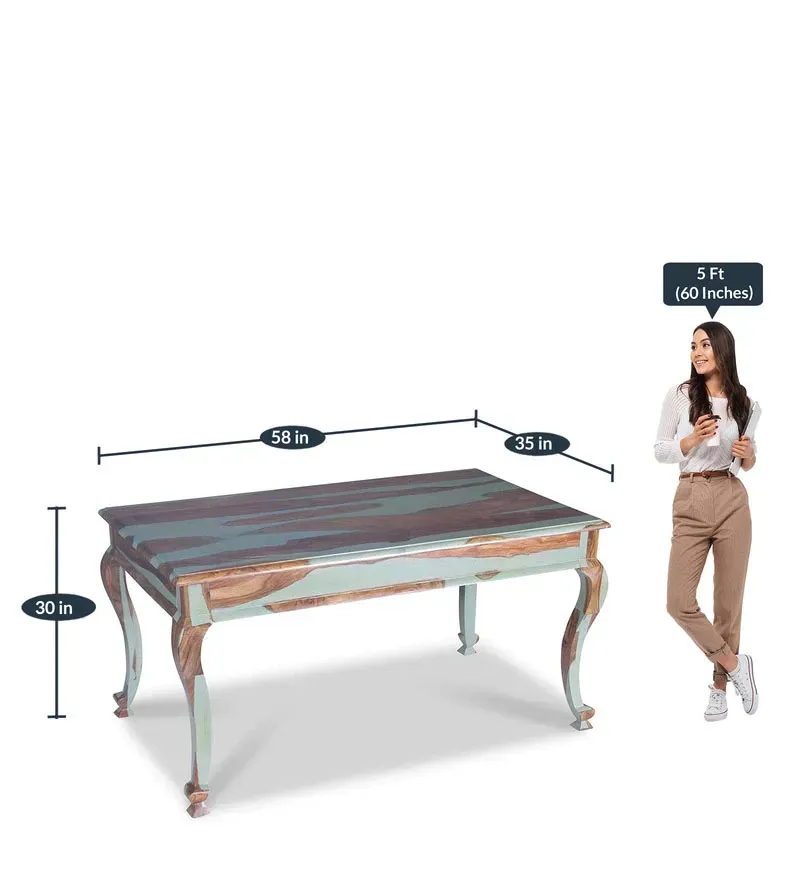 Pansy Sheesham Wood 6 Seater Dining Set in Vintage Green Finish with Bench.jpg2.webp