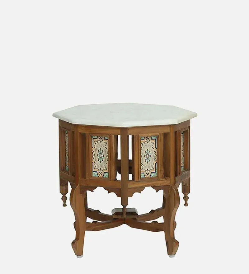 Petunia Teak Wood Coffee Table In Rustic Teak Finish With Marble Top.jpg2.webp