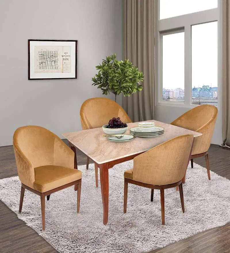 Plinto Solid Wood 4 Seater Dining Set in Beige Finish.webp