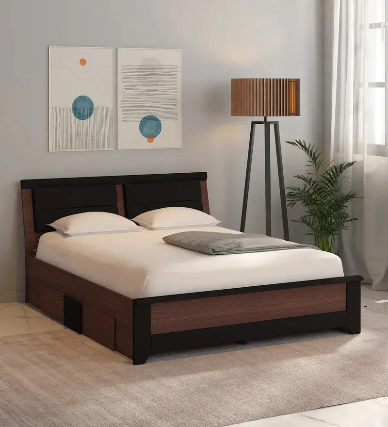 Ryouta Upholstered King Size Bed in Wenge Finish with Drawer Storage.webp
