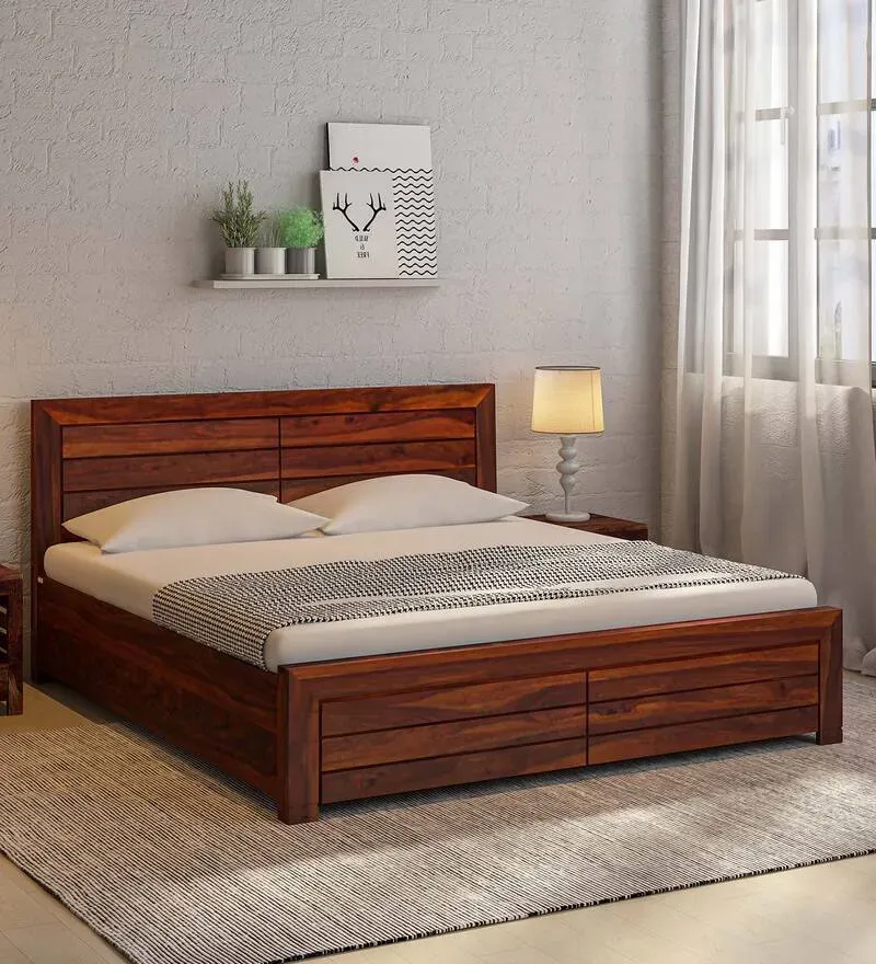 Segur Sheesham Wood King Size Bed In Honey Oak Finish With Box Storage.webp