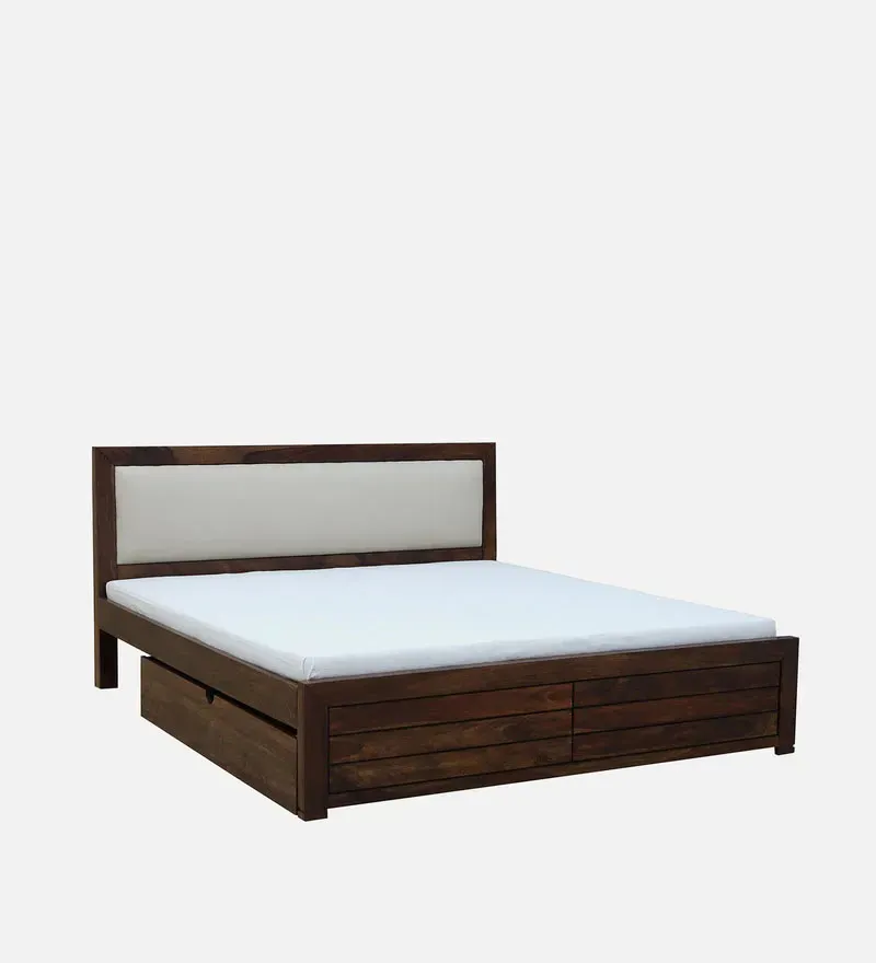 Segur Sheesham Wood King Size Bed In Provincial Teak Finish With Beige Padded Headboard Drawer Storage.jpg3.webp