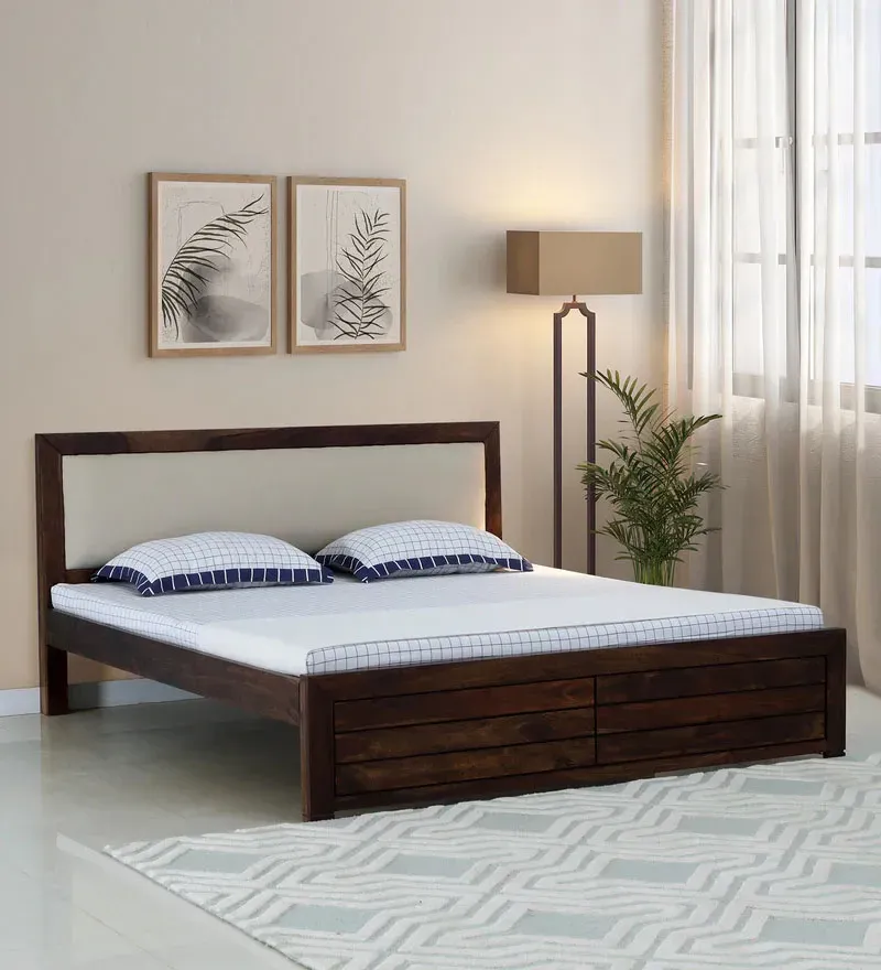 Segur Sheesham Wood King Size Bed In Provincial Teak Finish with Beige Padded Headboard.webp