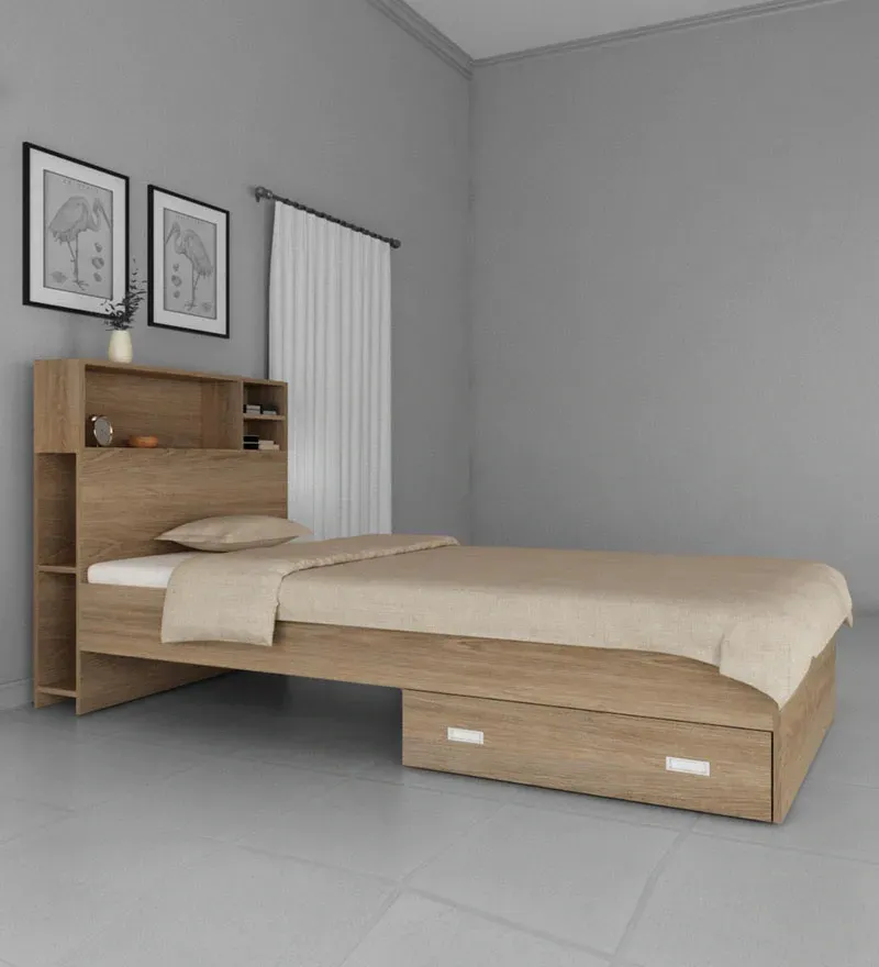 Soltera Single Bed in Oak Finish with Drawer Storage.webp