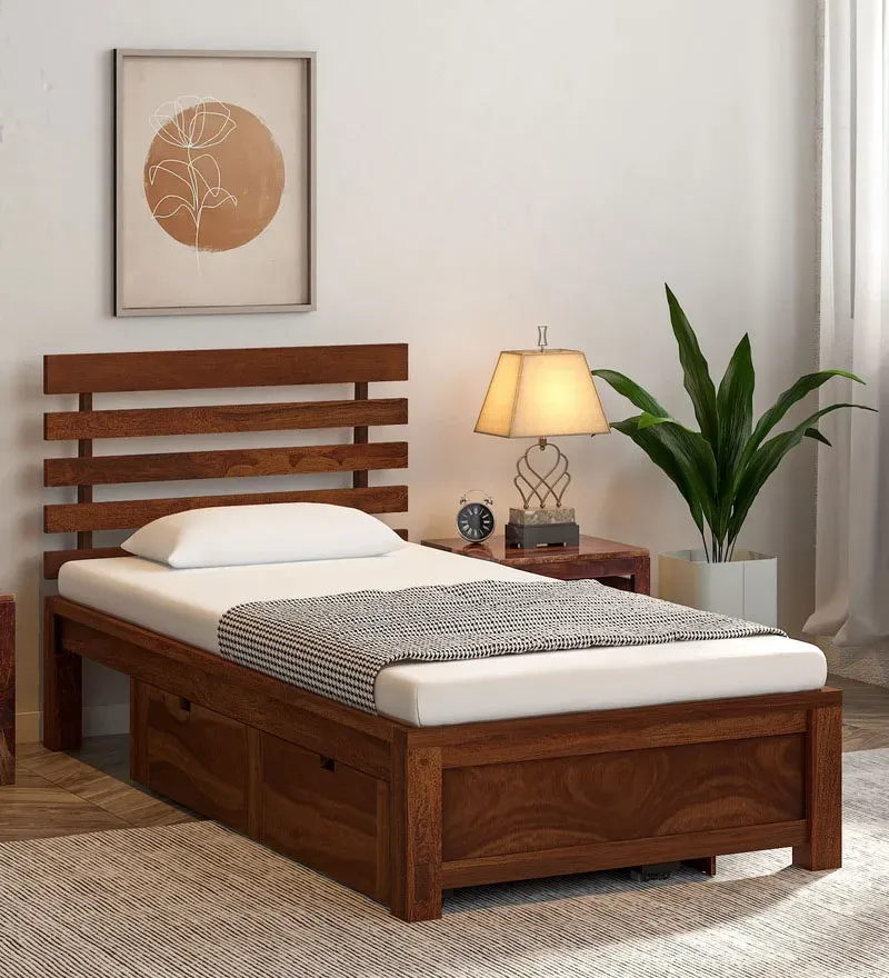 Stigen Sheesham Wood Single Bed In Provincial Teak Finish With Drawer Storage.webp