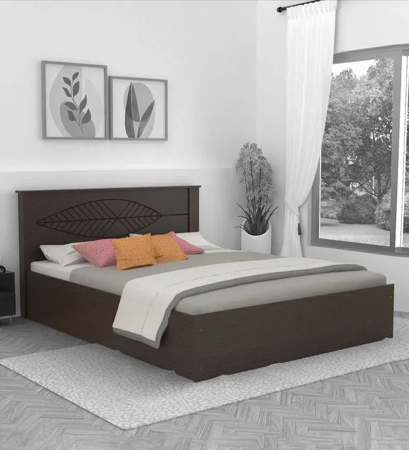 Themis Solid Wood King Size Bed in Wenge Finish with Box Storage + One Bedside Table.webp