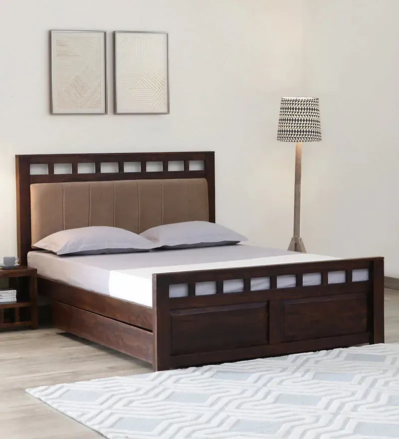 Ulyano Sheesham Wood King Size Bed In Provincial Teak Finish With Drawer Storage.webp