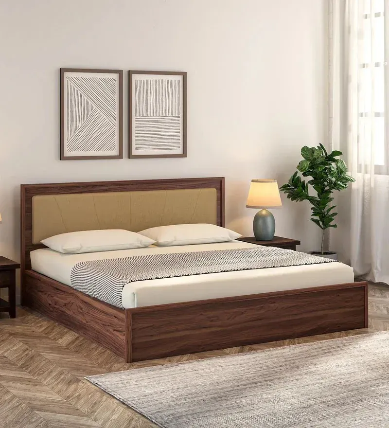 Yuko Upholstered King Size Bed in Columbia Walnut Finish with Hydraulic Storage.webp