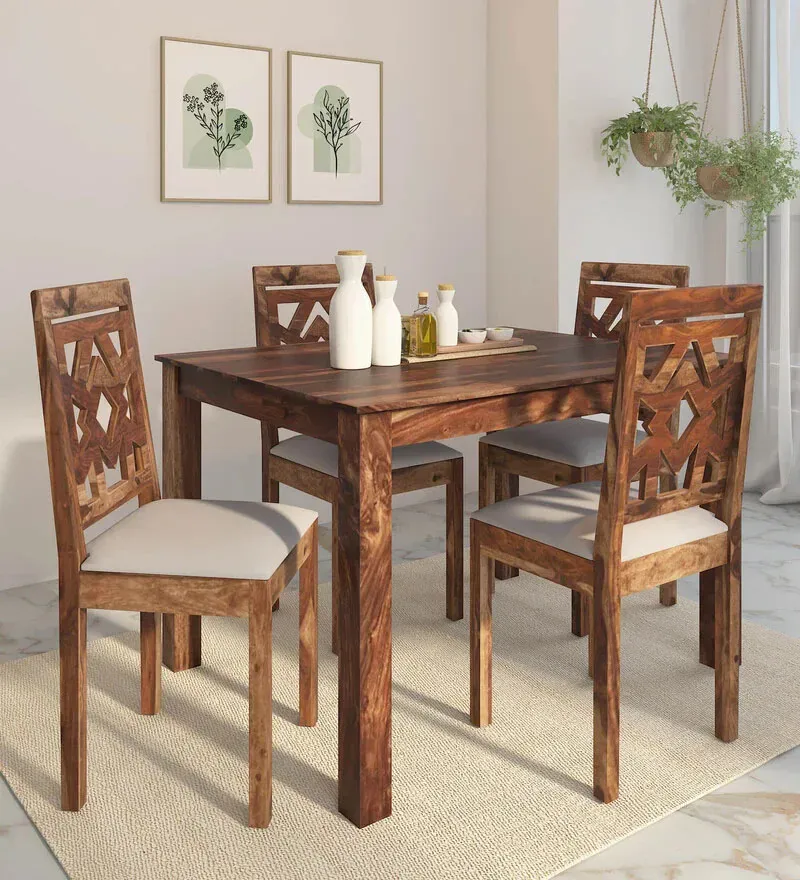 Zeven Sheesham Wood 4 Seater Dining Set In Rustic Teak Finish.webp
